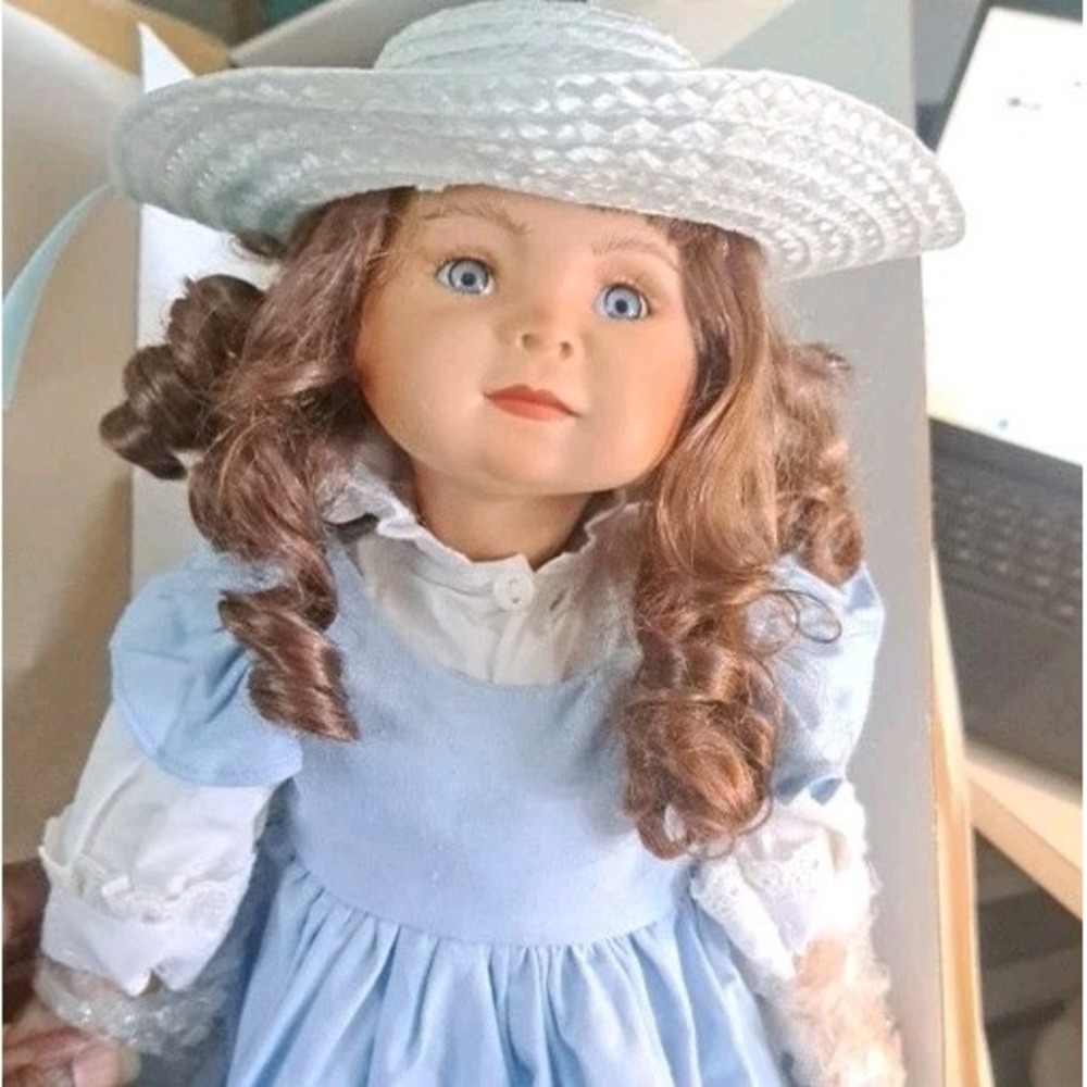 Grossle-Schmidt 16' Porcelain Doll with Bonnet and Blue Petticoat, NIB+ Cert